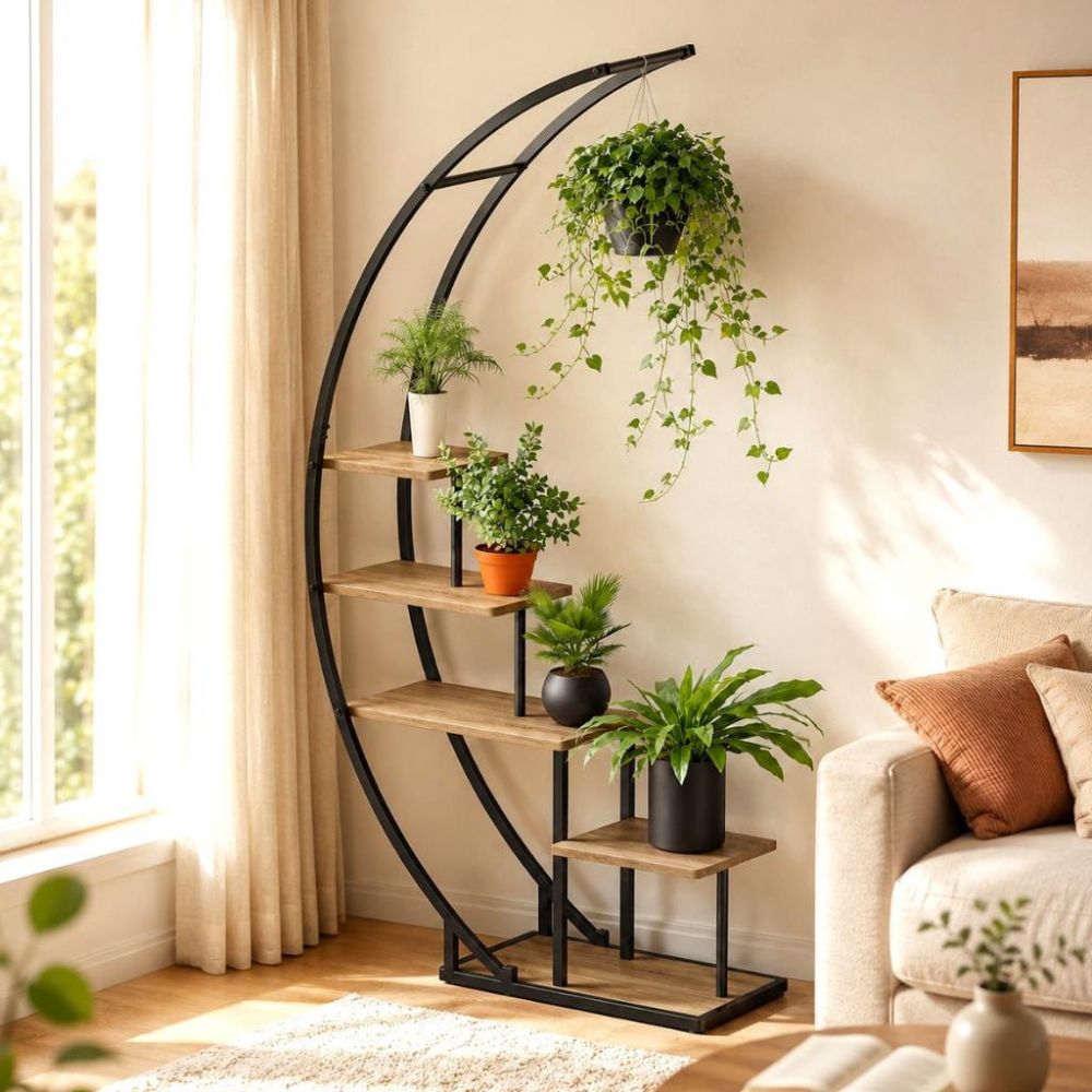DanDiBo Pflanzenregal Indoor Blumenregal 170 cm Hoch Metall Schwarz Halbrund 96699 Blumentreppe Groß Rund Pflanzenständer plant stand