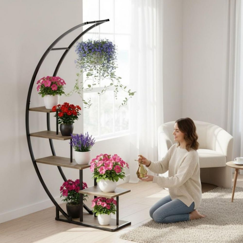 DanDiBo Pflanzenregal Indoor Blumenregal 170 cm Hoch Metall Schwarz Halbrund 96699 Blumentreppe Groß Rund Pflanzenständer plant stand