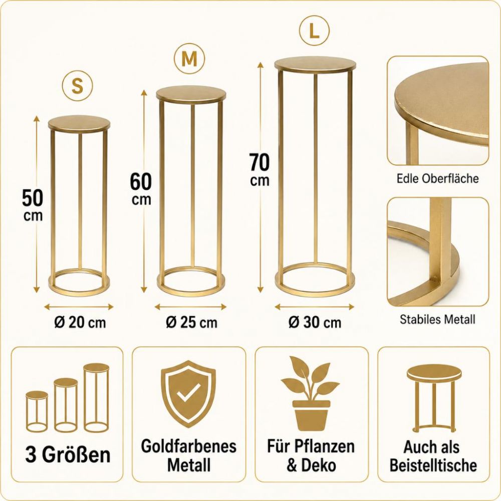 DanDiBo Blumenständer Metall Gold Rund 96510 3er Set Pflanzenständer Blumenhocker Beistelltisch Blumensäule Modern Pflanzenhocker