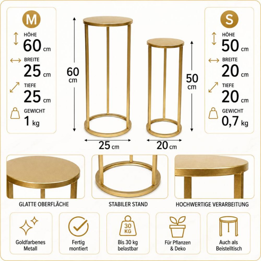 DanDiBo Metal Plant Stand Gold Round 96510 Set of 3 Plant Stands Flower Stools Side Tables Flower Columns Modern Plant Holders