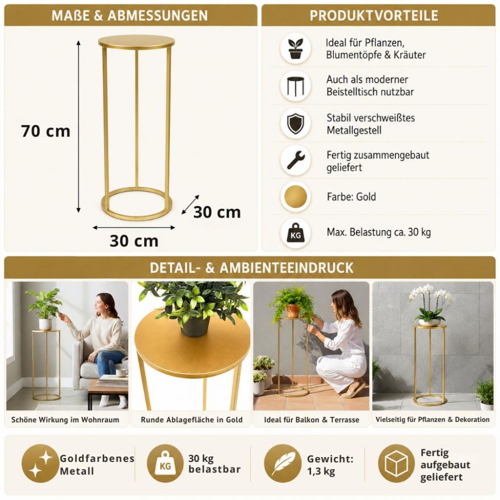 DanDiBo Blumenständer Metall Gold Rund 96510L 70 cm Set Pflanzenständer Blumenhocker Beistelltisch Blumensäule Modern Pflanzenhocker