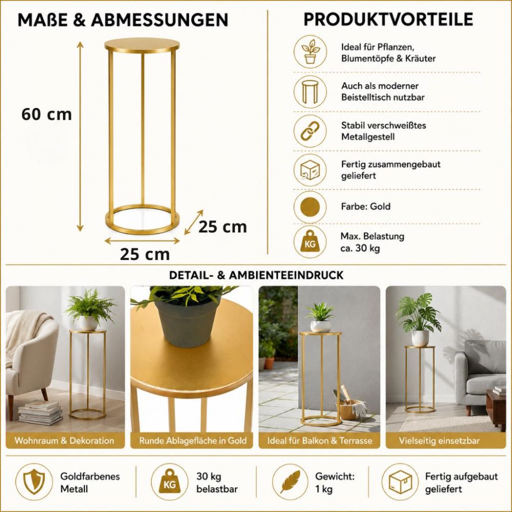 DanDiBo Blumenständer Metall Gold Rund 96510M 60 cm Set Pflanzenständer Blumenhocker Beistelltisch Blumensäule Modern Pflanzenhocker