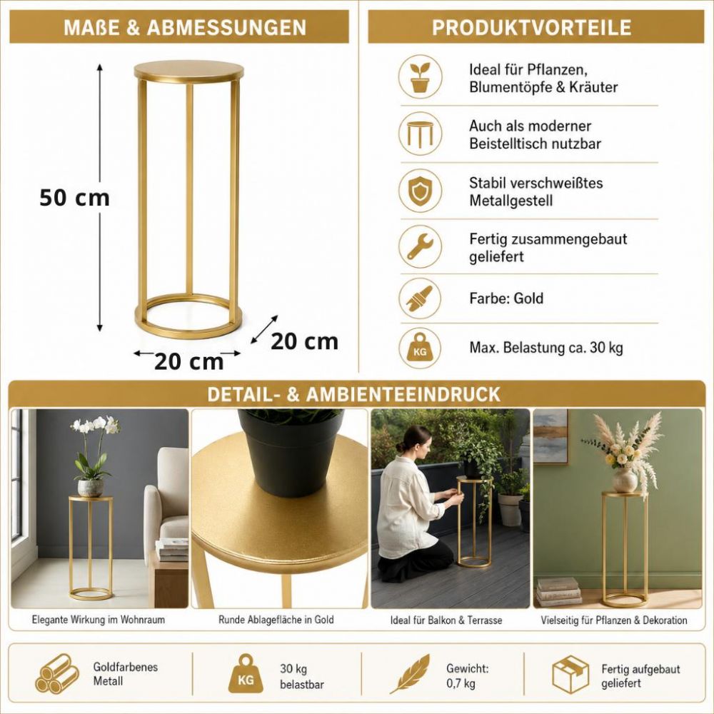DanDiBo Metal Plant Stand Gold Round 96510 S 50 cm Set Plant Holder Flower Stool Side Table Flower Column Modern Plant Stand