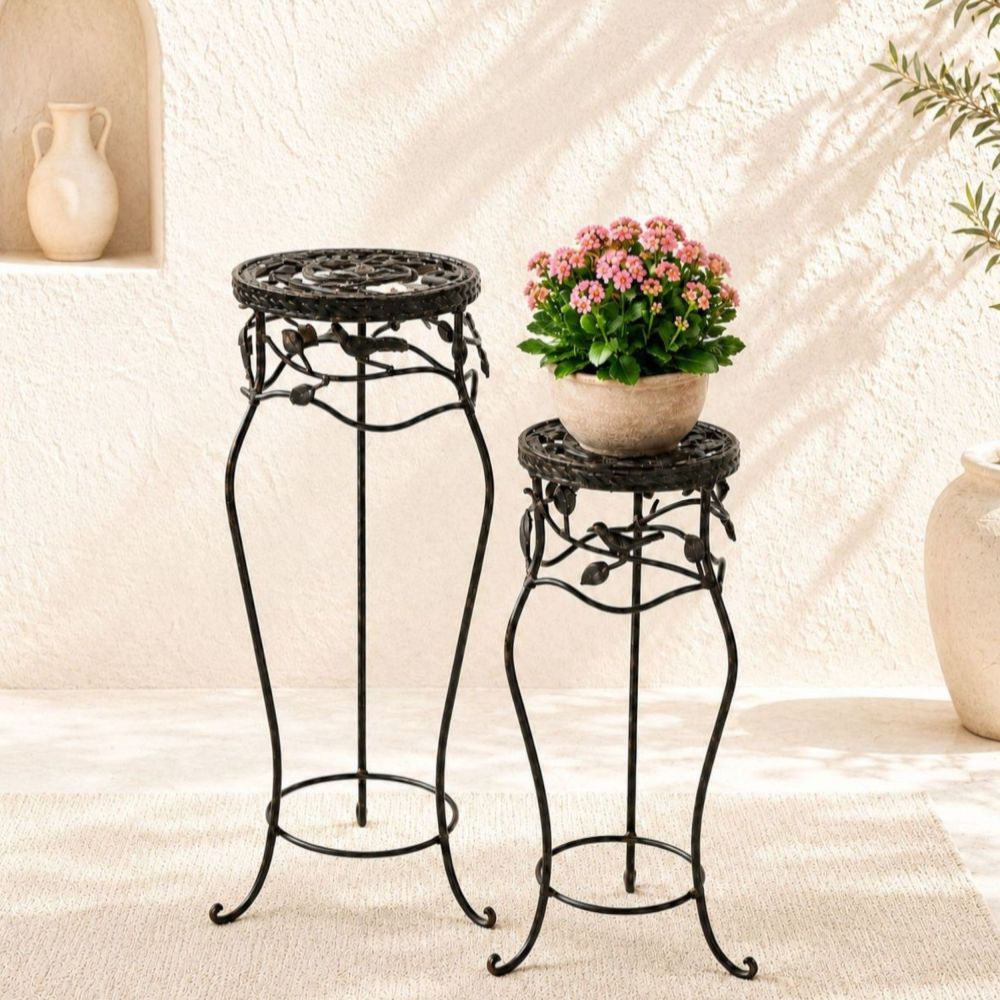 DanDiBo Blumenständer Metall Schwarz /Braun Antik Rund 18215 2er Set 65 cm / 78 cm Pflanzenständer Blumenhocker Beistelltisch Blumensäule Pflanzenhocker