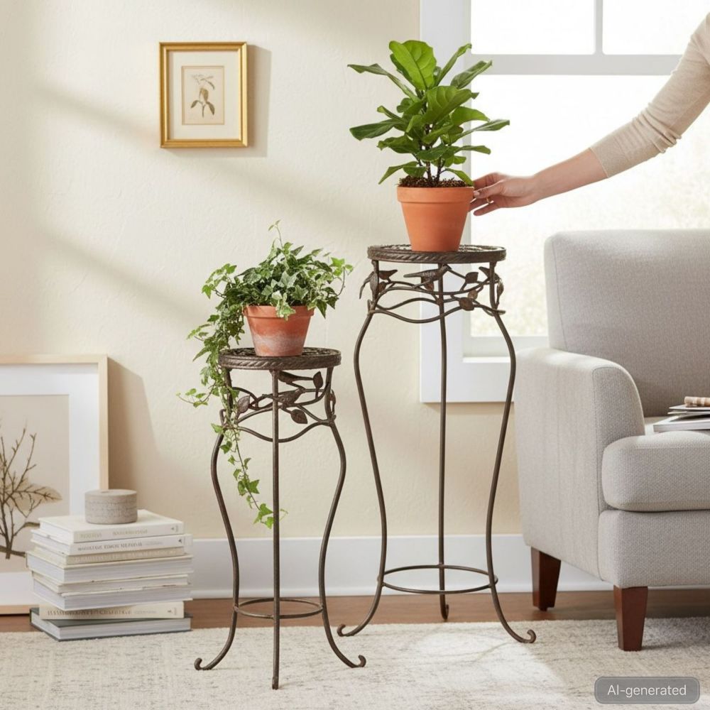DanDiBo Blumenständer Metall Schwarz /Braun Antik Rund 18215 2er Set 65 cm / 78 cm Pflanzenständer Blumenhocker Beistelltisch Blumensäule Pflanzenhocker