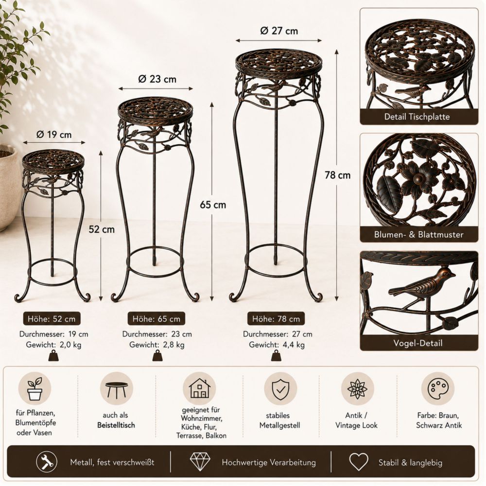 DanDiBo Blumenständer Metall Schwarz /Braun Antik Rund 18215 3er Set 52 cm / 65 cm / 78 cm Pflanzenständer Blumenhocker Beistelltisch Blumensäule Pflanzenhocker
