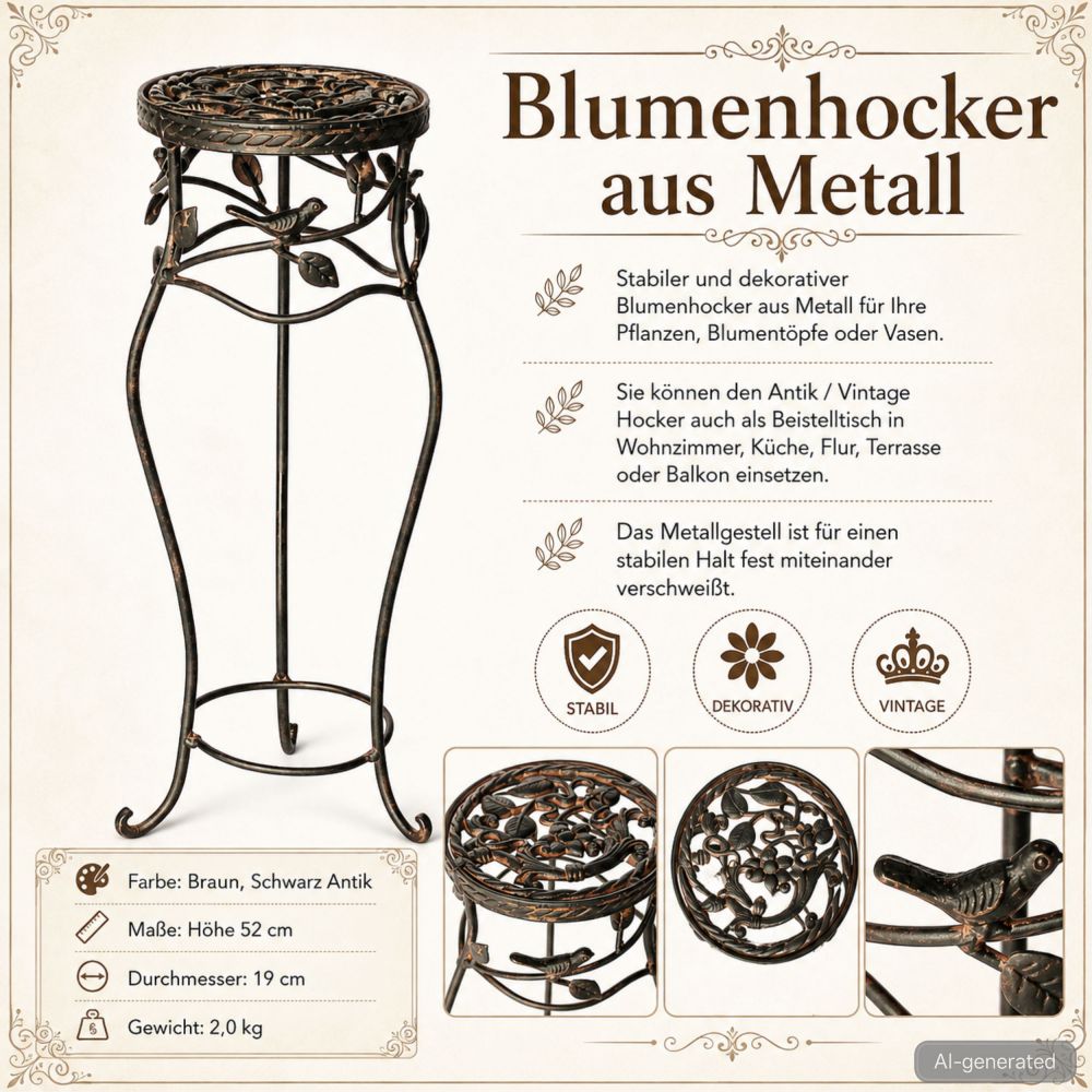 DanDiBo Blumenständer Metall Schwarz / Braun Antik Rund 18215 52 cm  Pflanzenständer Blumenhocker Beistelltisch Blumensäule Pflanzenhocker