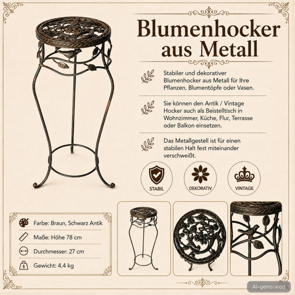 DanDiBo Blumenständer Metall Schwarz /Braun Antik Rund 18215 78 cm Pflanzenständer Blumenhocker Beistelltisch Blumensäule Pflanzenhocker