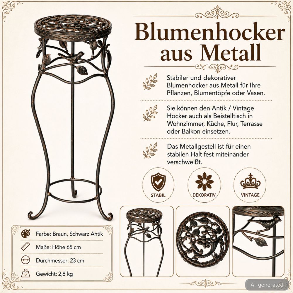 DanDiBo Blumenständer Metall Schwarz /Braun Antik Rund 18215 65 cm  Pflanzenständer Blumenhocker Beistelltisch Blumensäule Pflanzenhocker