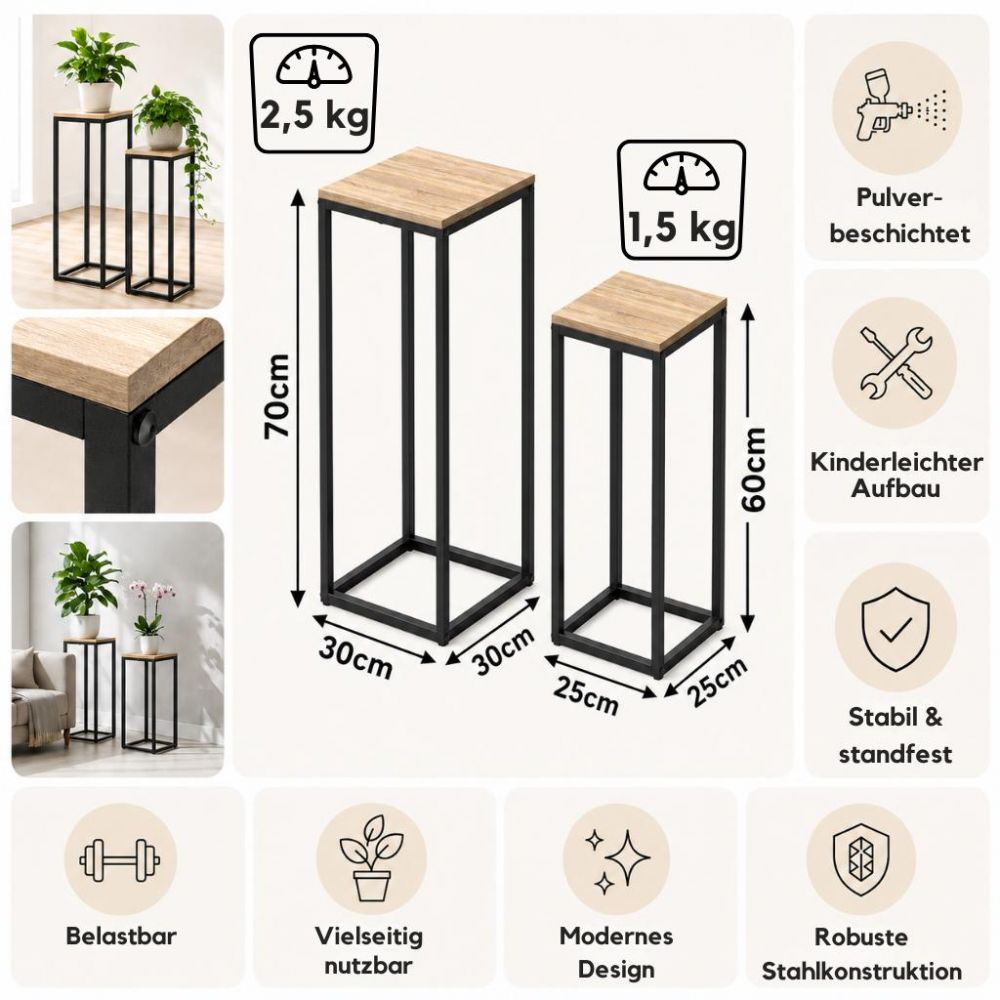 DanDiBo Blumenständer Metall Schwarz Eckig 2er Set 60 cm und 70 cm Pflanzenständer 96705 Blumenhocker Beistelltisch Blumensäule Design Modern Pflanzenhocker Blumensäule Blumenbank Plant Stand