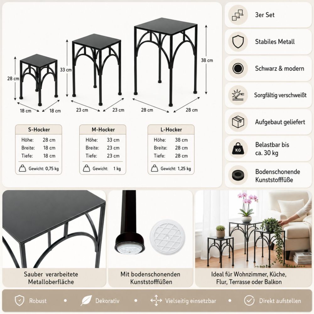 DanDiBo Metal Plant Stand Black Square 96449 Set of 3 Flower Pot Stands Plant Stools Side Tables Flower Columns Modern Plant Pedestals