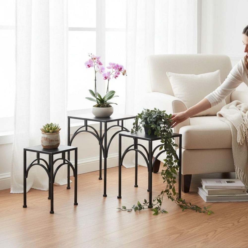 DanDiBo Metal Plant Stand Black Square 96449 Set of 3 Flower Pot Stands Plant Stools Side Tables Flower Columns Modern Plant Pedestals