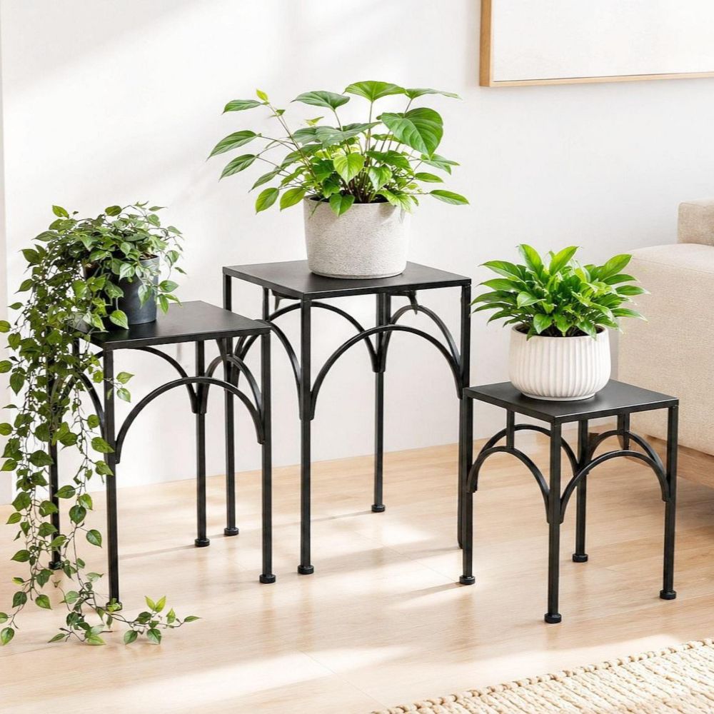 DanDiBo Metal Plant Stand Black Square 96449 Set of 3 Flower Pot Stands Plant Stools Side Tables Flower Columns Modern Plant Pedestals