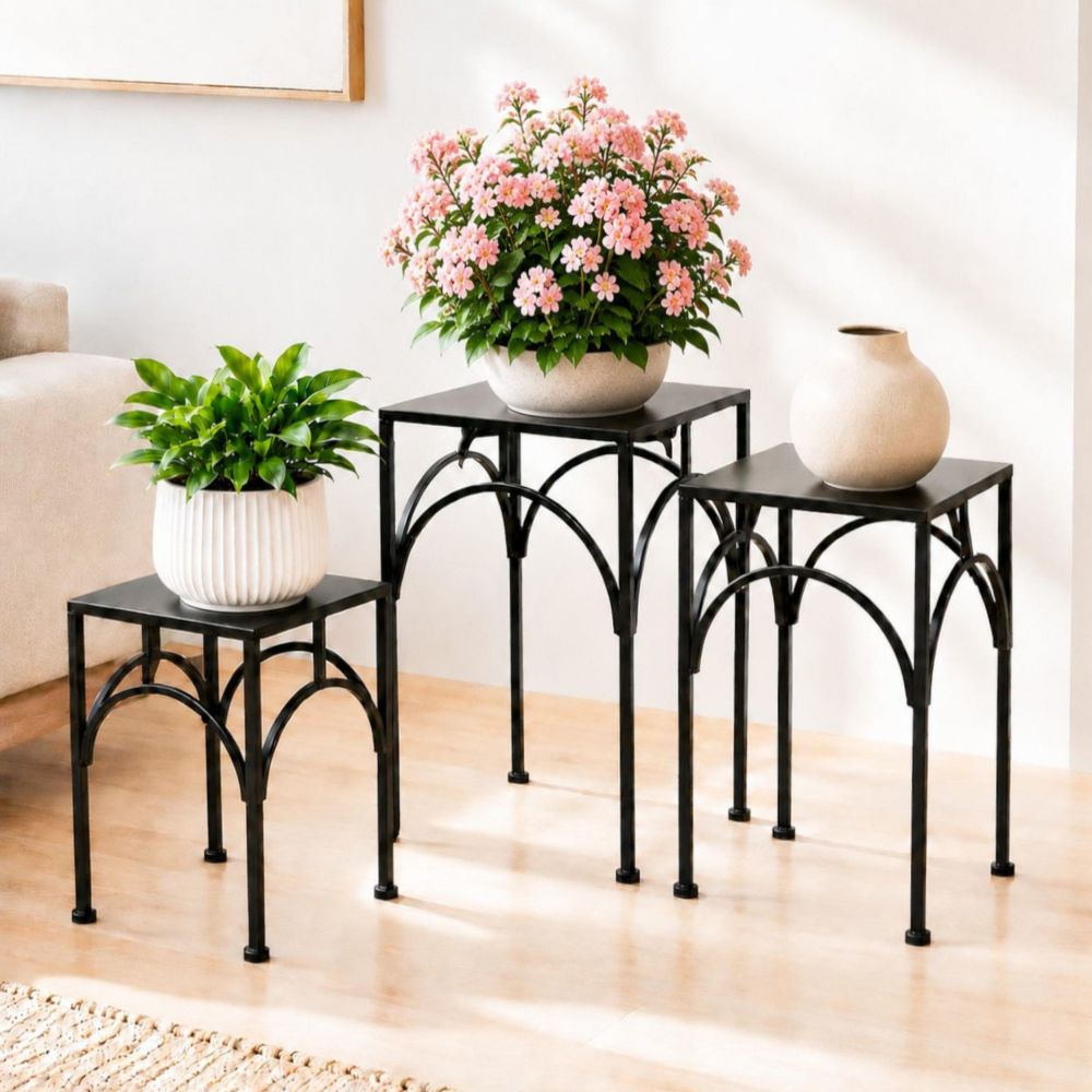 DanDiBo Metal Plant Stand Black Square 96449 Set of 3 Flower Pot Stands Plant Stools Side Tables Flower Columns Modern Plant Pedestals