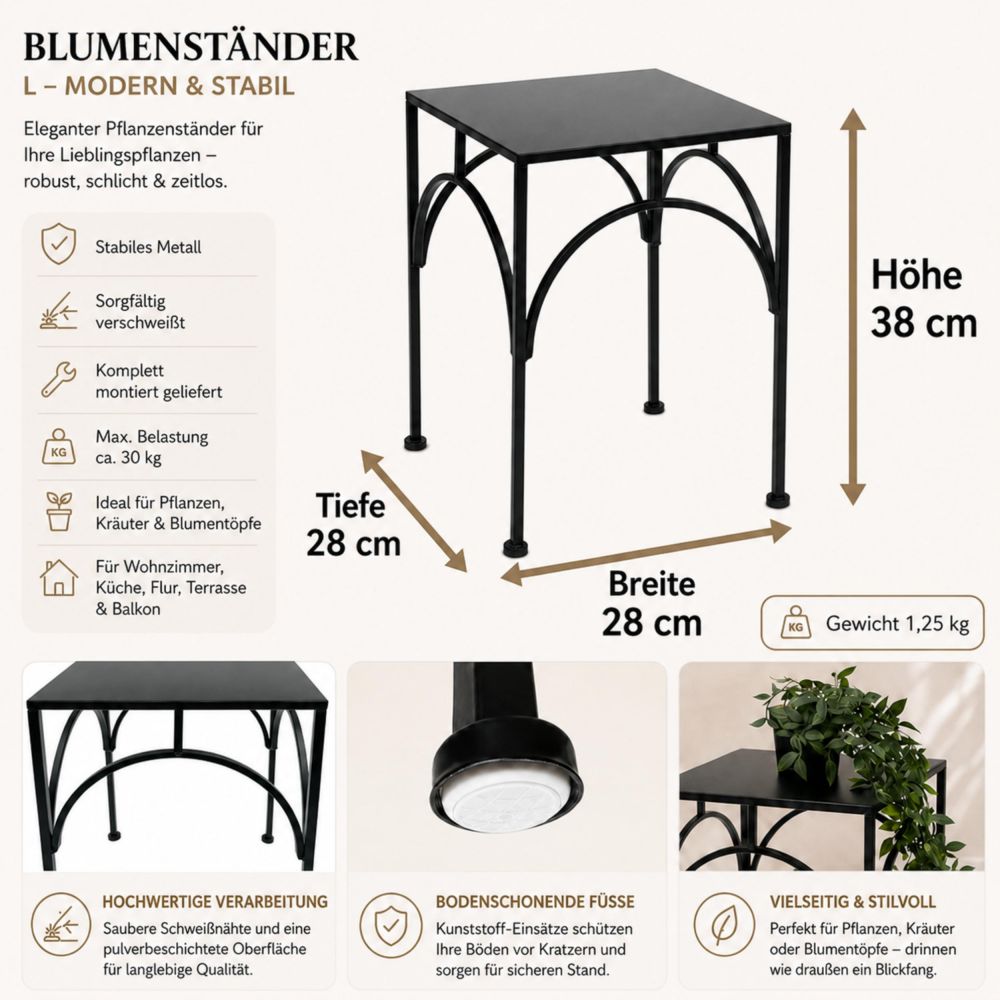 DanDiBo Blumenständer Metall Schwarz Eckig 96449 L 38 cm Pflanzenständer Blumenhocker Beistelltisch Blumensäule Modern Pflanzenhocker