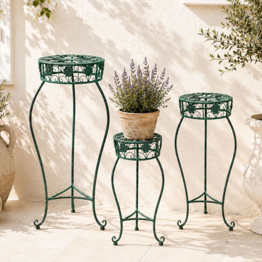 DanDiBo Blumenständer Metall Schwarz / Grün Rund 96008 3er Set 50 cm / 60 cm / 75 cm Pflanzenständer Blumenhocker Beistelltisch Blumensäule Pflanzenhocker