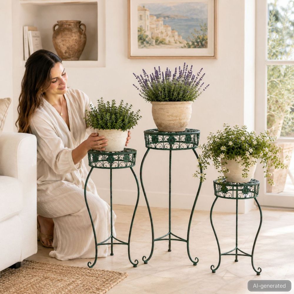 DanDiBo Blumenständer Metall Schwarz / Grün Rund 96008 3er Set 50 cm / 60 cm / 75 cm Pflanzenständer Blumenhocker Beistelltisch Blumensäule Pflanzenhocker