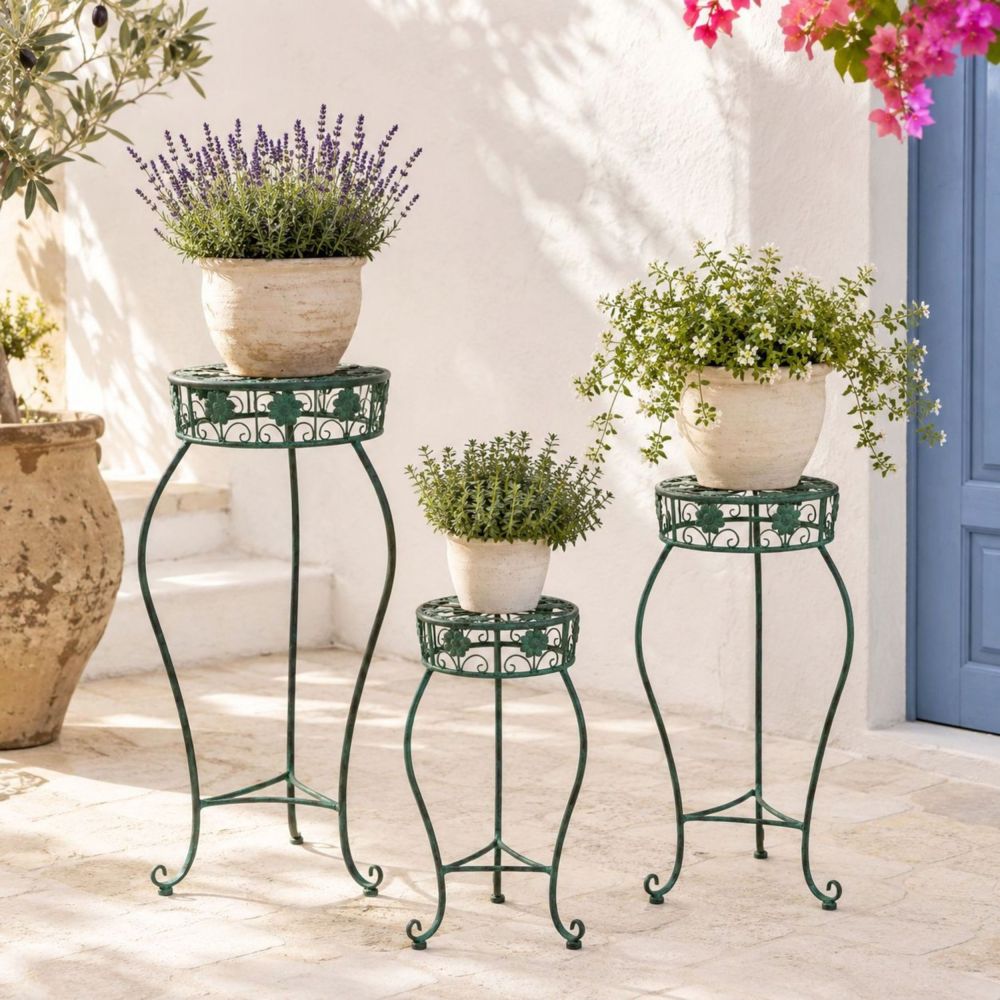 DanDiBo Blumenständer Metall Schwarz / Grün Rund 96008 3er Set 50 cm / 60 cm / 75 cm Pflanzenständer Blumenhocker Beistelltisch Blumensäule Pflanzenhocker