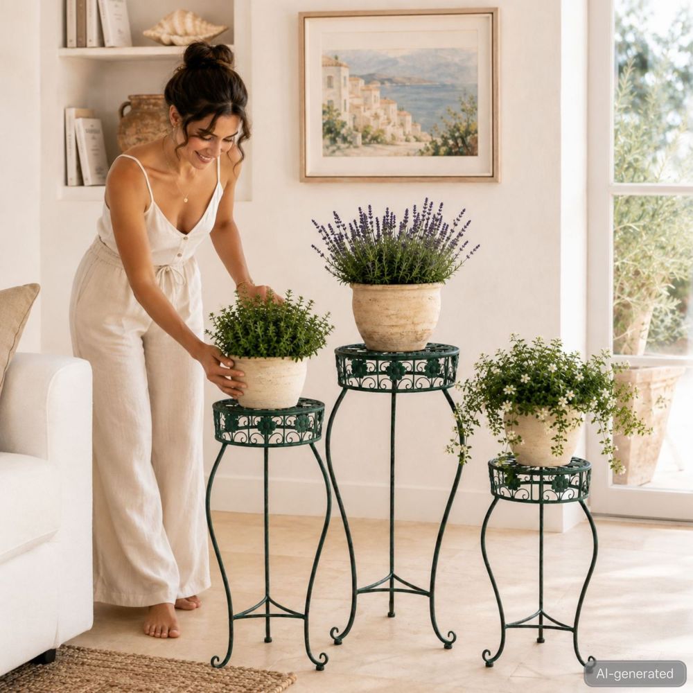 DanDiBo Blumenständer Metall Schwarz / Grün Rund 96008 3er Set 50 cm / 60 cm / 75 cm Pflanzenständer Blumenhocker Beistelltisch Blumensäule Pflanzenhocker