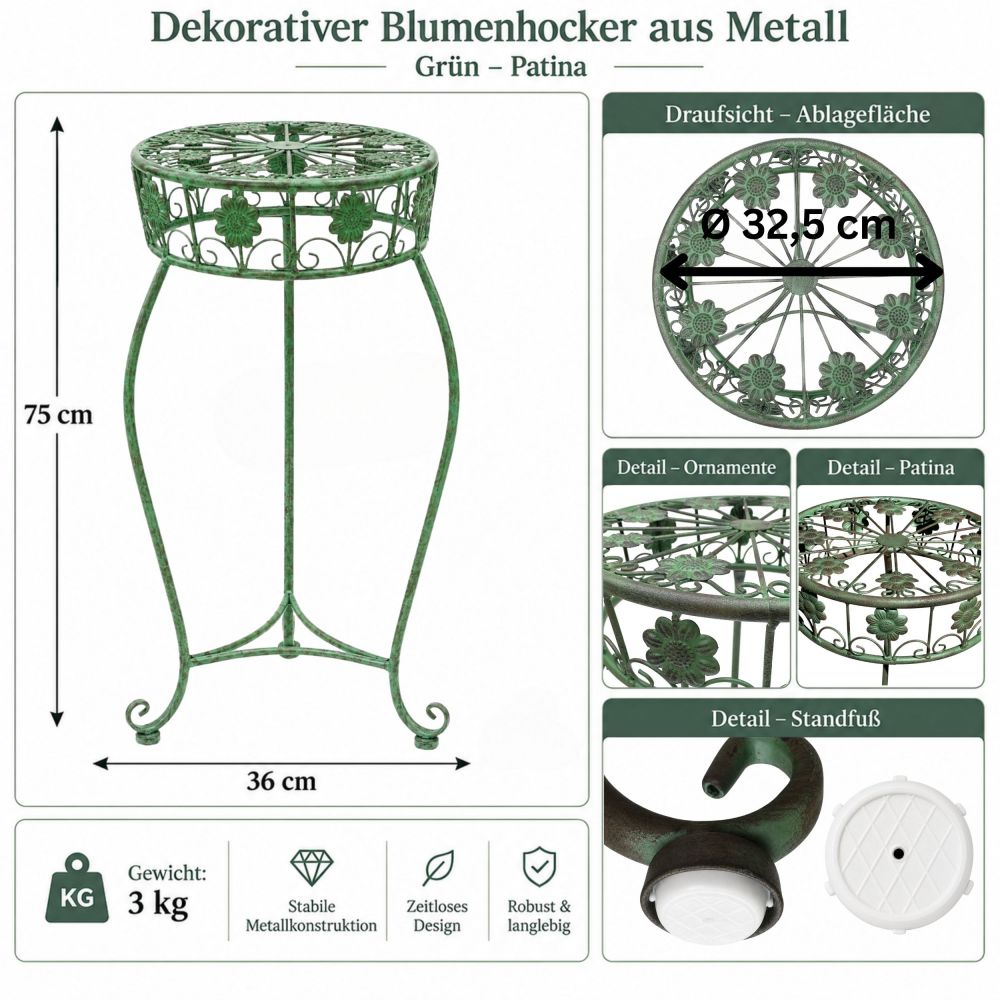 DanDiBo Metal Flower Stand Black / Green Round 96008 Plant Stand 75 cm Flower Stool Side Table Plant Pedestal Plant Stool