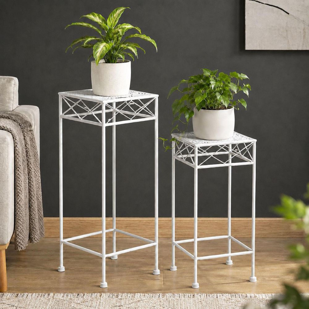 DanDiBo Flower Stool White Metal Square Flower Stand 96314 Set of 2 Side Table Flower Column Modern Plant Stand Plant Stool