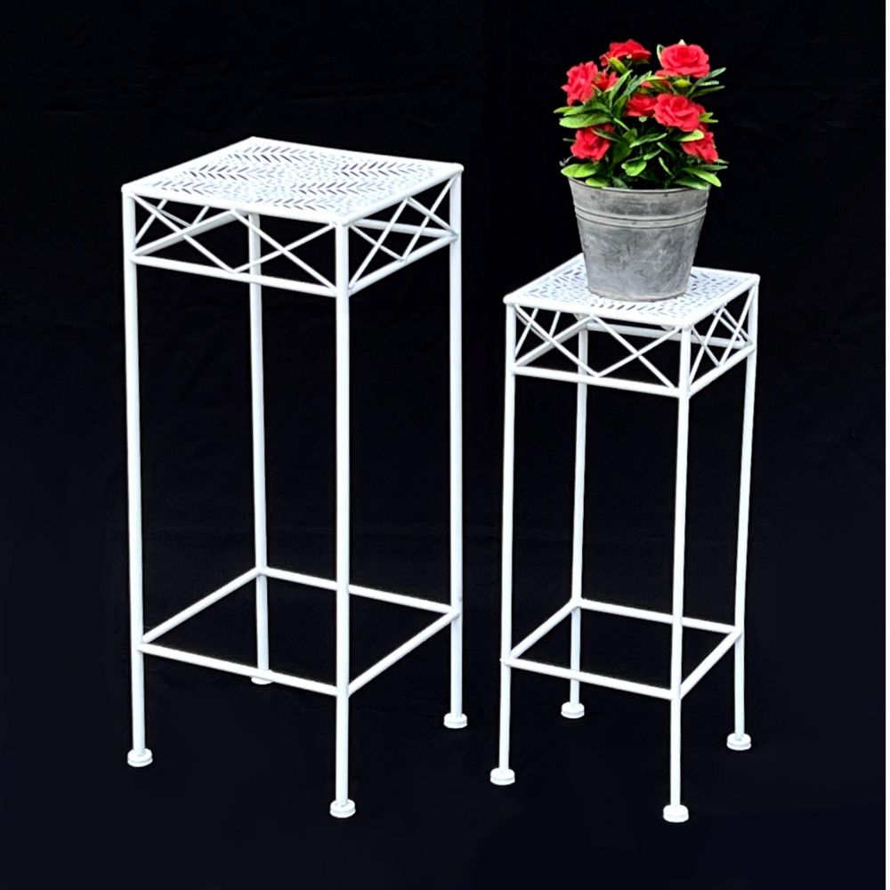 DanDiBo Flower Stool White Metal Square Flower Stand 96314 Set of 2 Side Table Flower Column Modern Plant Stand Plant Stool