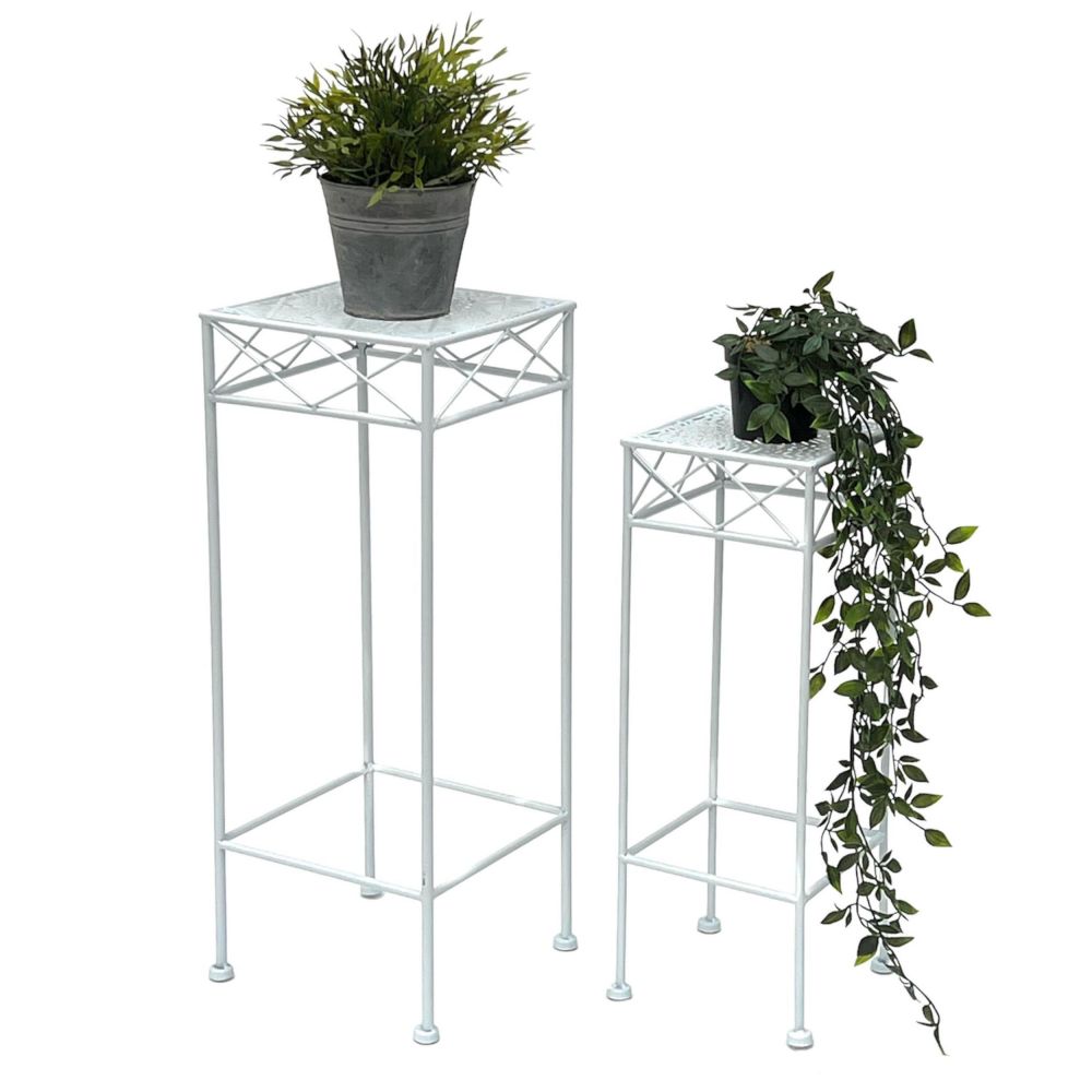 DanDiBo Flower Stool White Metal Square Flower Stand 96314 Set of 2 Side Table Flower Column Modern Plant Stand Plant Stool