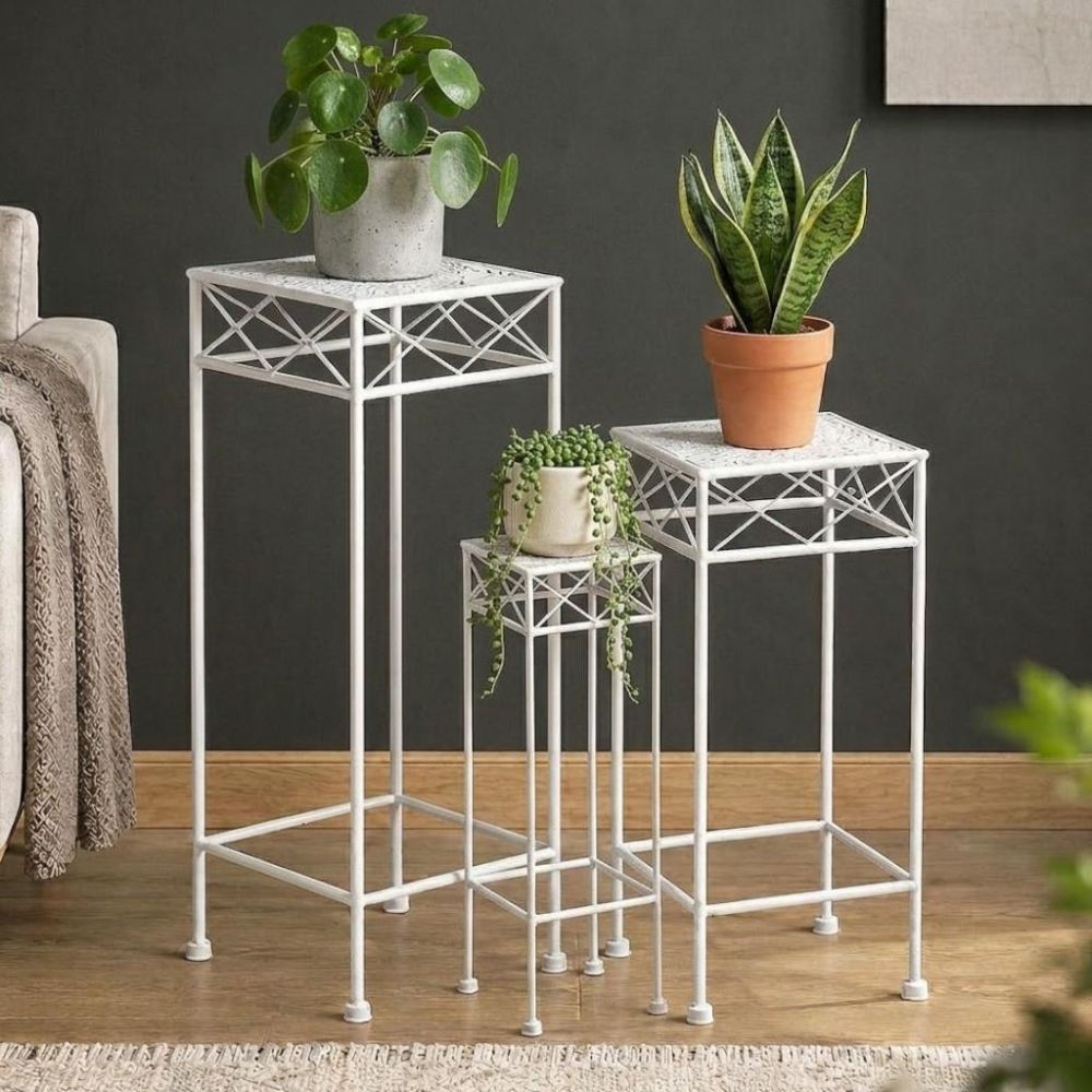 DanDiBo Flower Stand Metal White Square 96314 Set of 3 Plant Stand Flower Stool Side Table Flower Column Modern Plant Stool