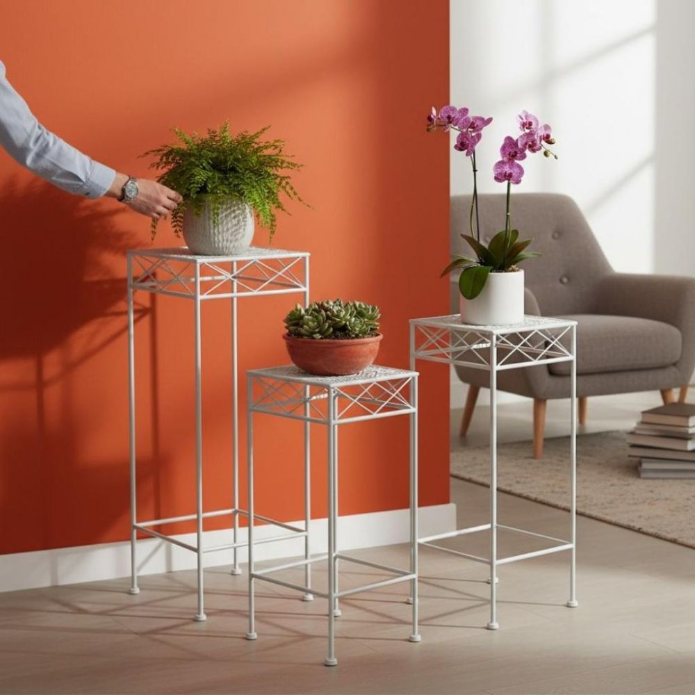 DanDiBo Flower Stand Metal White Square 96314 Set of 3 Plant Stand Flower Stool Side Table Flower Column Modern Plant Stool