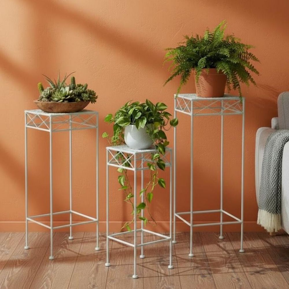DanDiBo Flower Stand Metal White Square 96314 Set of 3 Plant Stand Flower Stool Side Table Flower Column Modern Plant Stool