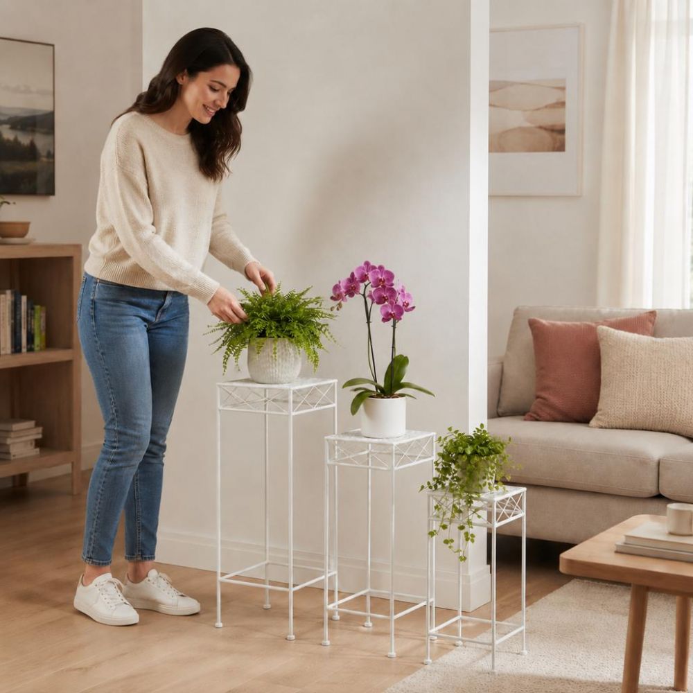 DanDiBo Flower Stand Metal White Square 96314 Set of 3 Plant Stand Flower Stool Side Table Flower Column Modern Plant Stool