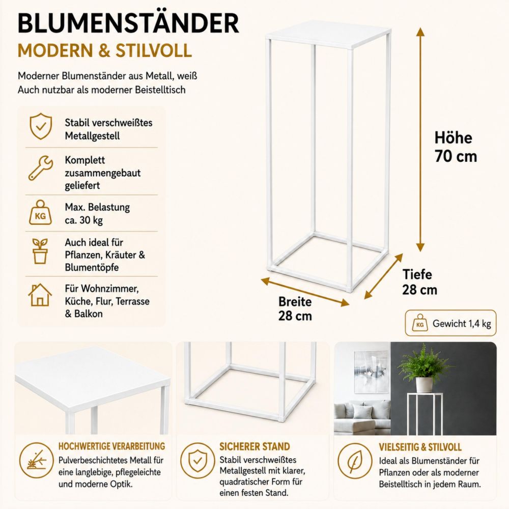 DanDiBo Blumenständer Metall Weiss Eckig 96482 L Pflanzenständer 70 cm Blumenhocker Beistelltisch Blumensäule Modern Pflanzenhocker
