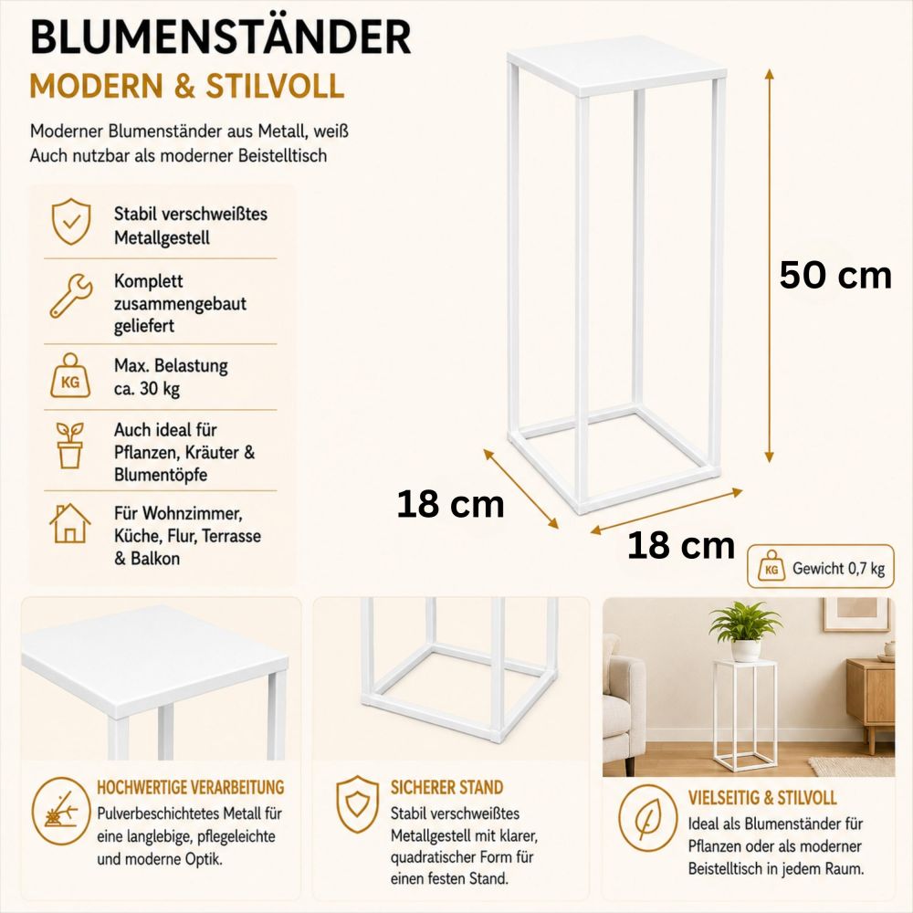 DanDiBo Metal Plant Stand White Square 96482 S Plant Holder 50 cm Flower Stool Side Table Flower Pedestal Modern Plant Stool