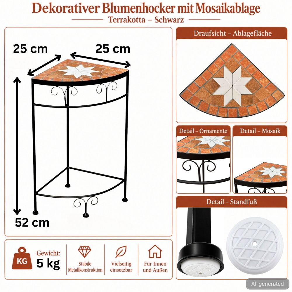 DanDiBo Mosaic Flower Stand Square 12013 M Plant Stand for Outdoor Use 52 cm Flower Stool Outdoor Side Table Plant Stool