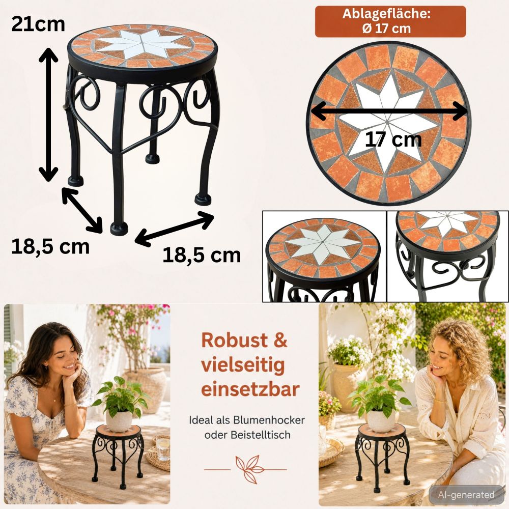 DanDiBo Round Mosaic Plant Stand 12014 S for Outdoor Use 21 cm Flower Stool Outdoor Side Table Plant Stool