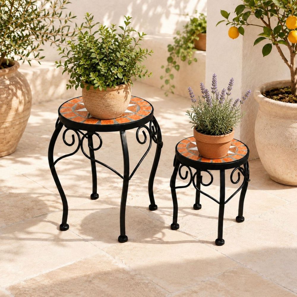 DanDiBo Mosaic Round Plant Stand Set of 2 12014 Plant Holder for Outdoor Use Flower Stool Outdoor Side Table Plant Stool