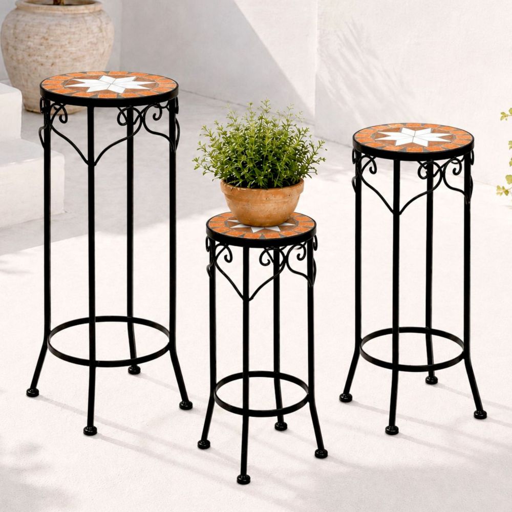 DanDiBo Round Mosaic Plant Stands, Set of 3, 12011, Outdoor Flower Stands, Plant Stools, Side Tables