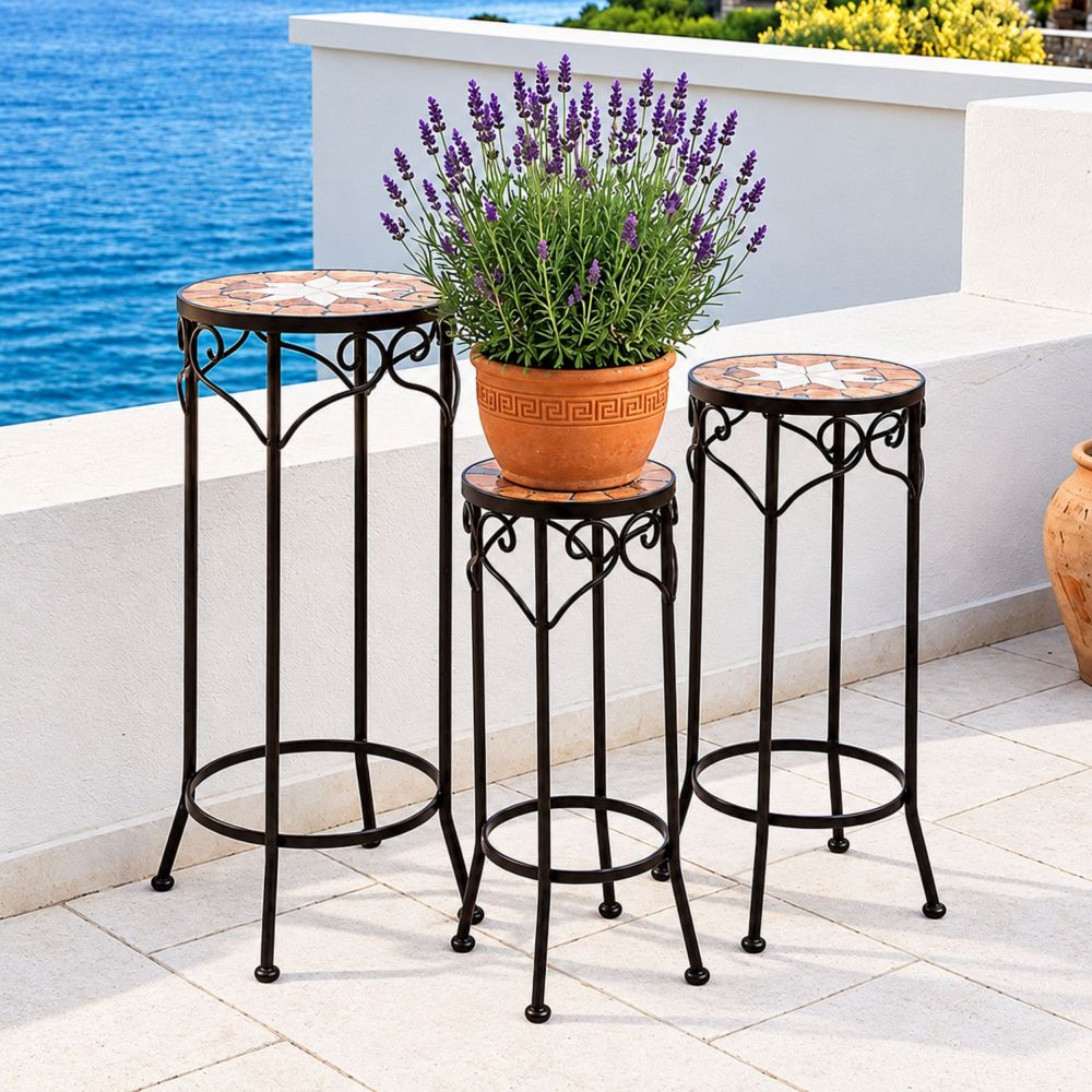 DanDiBo Round Mosaic Plant Stands, Set of 3, 12011, Outdoor Flower Stands, Plant Stools, Side Tables
