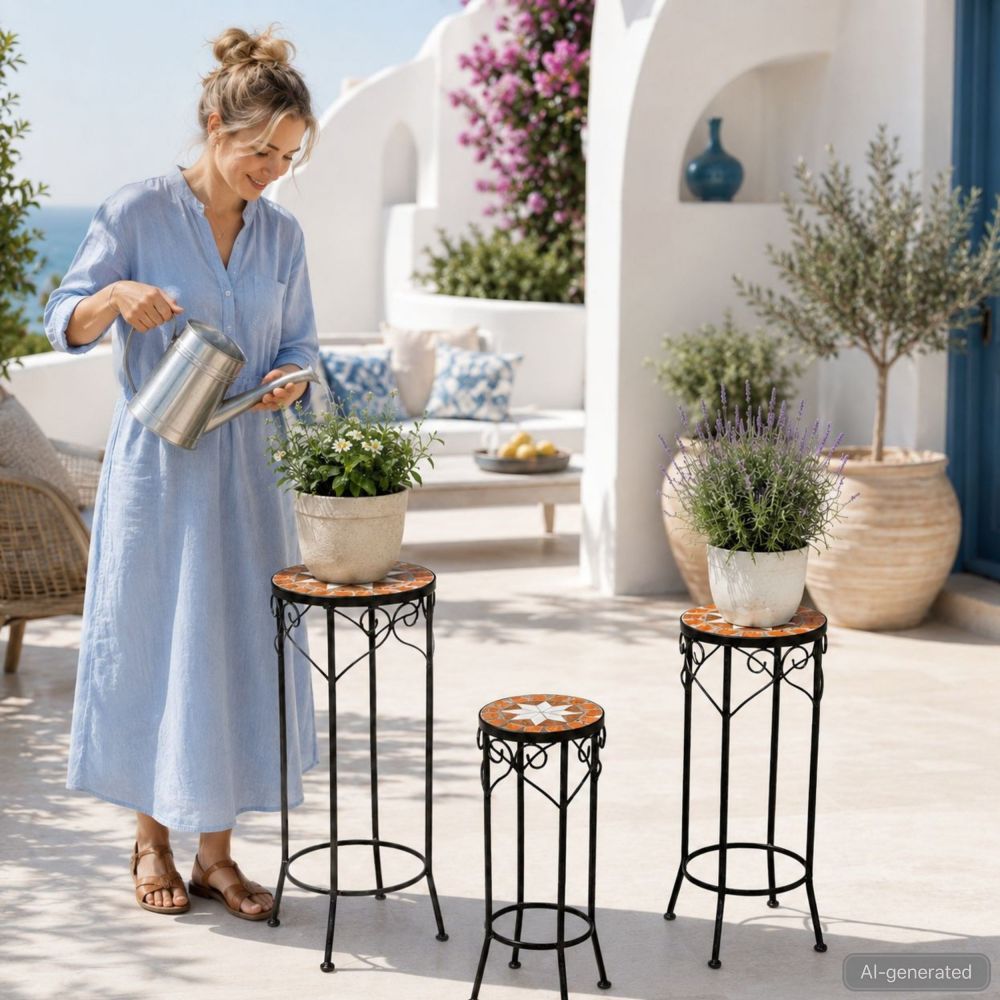 DanDiBo Round Mosaic Plant Stands, Set of 3, 12011, Outdoor Flower Stands, Plant Stools, Side Tables