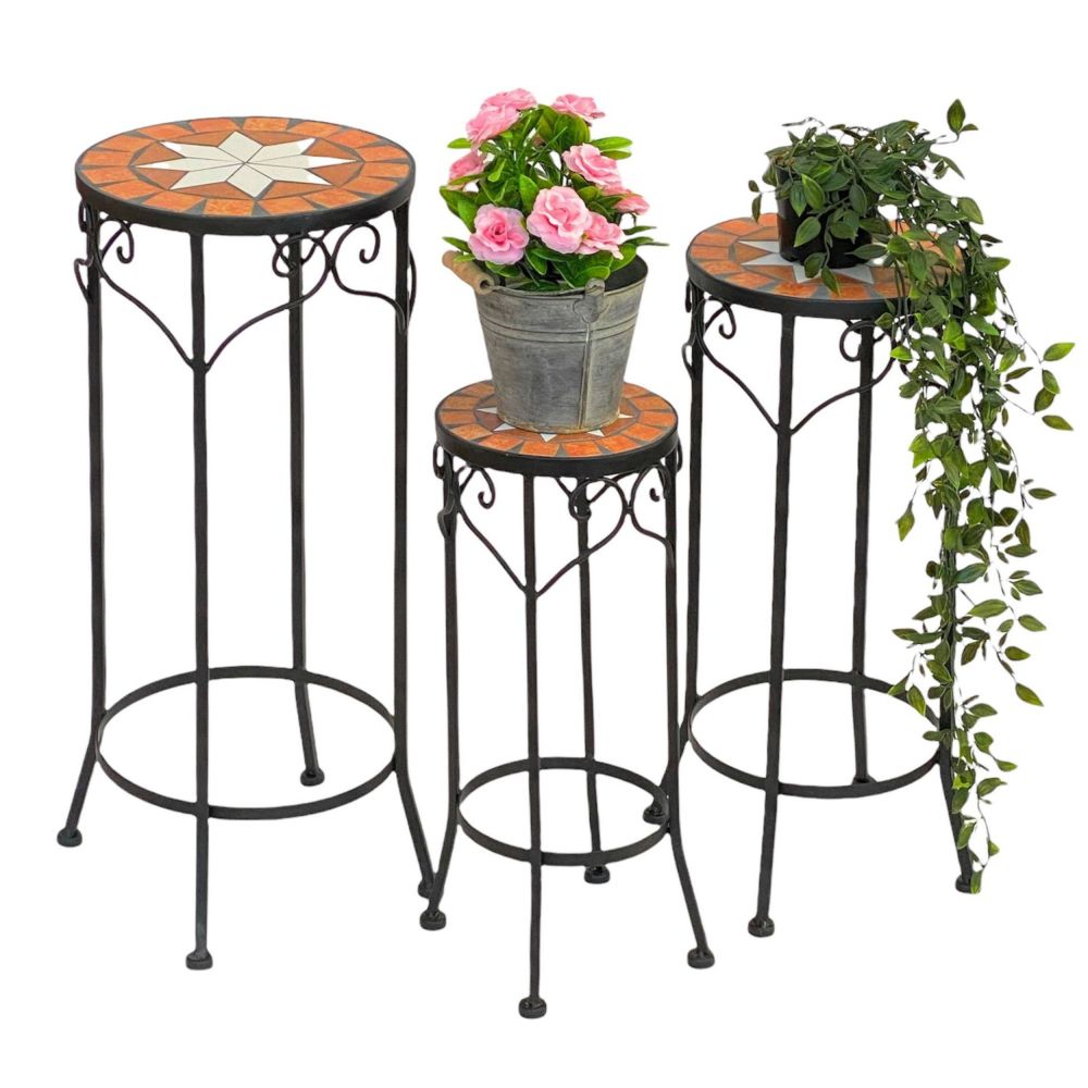 DanDiBo Round Mosaic Plant Stands, Set of 3, 12011, Outdoor Flower Stands, Plant Stools, Side Tables