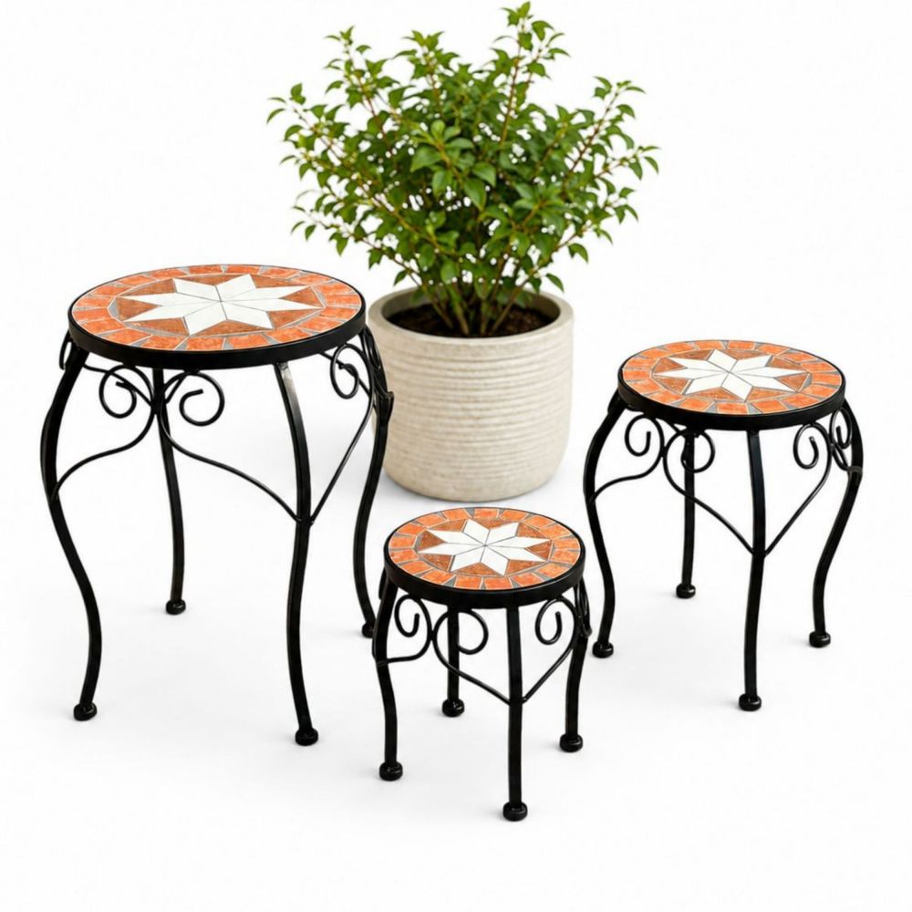 DanDiBo Round Mosaic Plant Stand Set of 3 12014 Plant Holder for Outdoor Use Flower Stool Outdoor Side Table Plant Stool