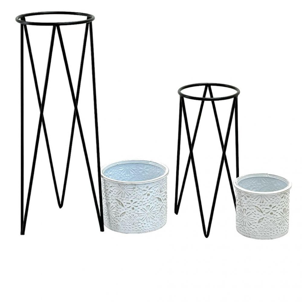 DanDiBo Blumenständer mit Topf Metall Schwarz Weiß 2er Set Blumenhocker 96043 Blumensäule Modern Pflanzenständer Pflanzenhocker