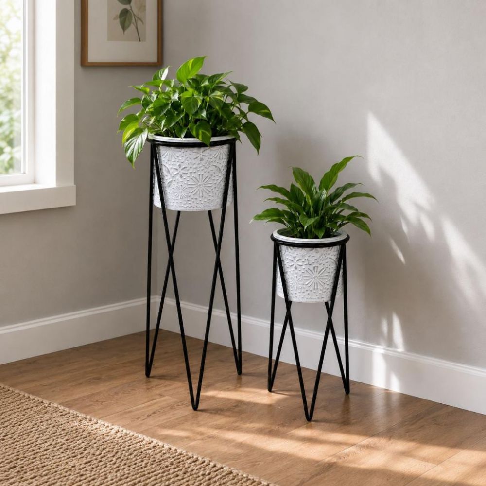 DanDiBo Blumenständer mit Topf Metall Schwarz Weiß 2er Set Blumenhocker 96043 Blumensäule Modern Pflanzenständer Pflanzenhocker