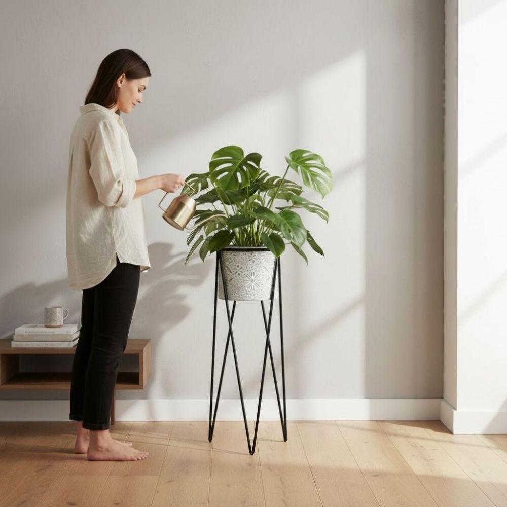 DanDiBo Blumenständer mit Topf Metall Schwarz Weiß Rund 96043 L 75 cm Pflanzenständer Blumenhocker Beistelltisch Blumensäule Modern Pflanzenhocke