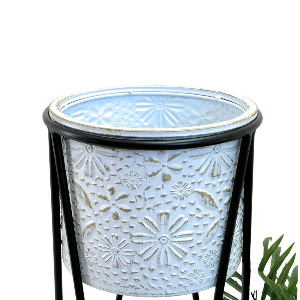 DanDiBo Blumenständer mit Topf Metall  Schwarz Weiß Rund 96043 S 50 cm Pflanzenständer Blumenhocker Beistelltisch Blumensäule Modern Pflanzenhocker