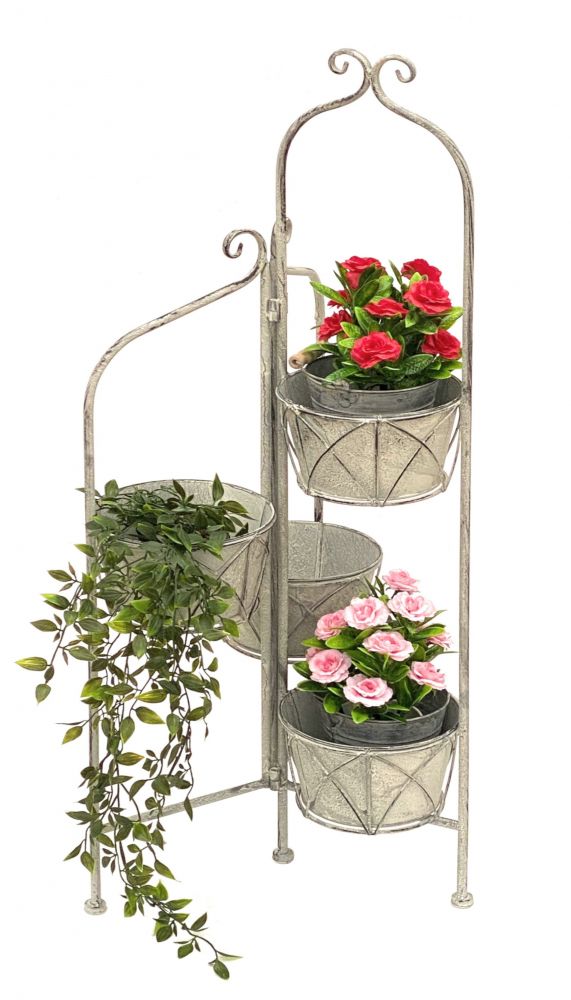 DanDiBo Blumentreppe Innen Metall Weiß Grau 100 cm Blumenständer mit 4 Töpfe 96128 Blumenständer Blumensäule Pflanzenständer Balkon Vintage