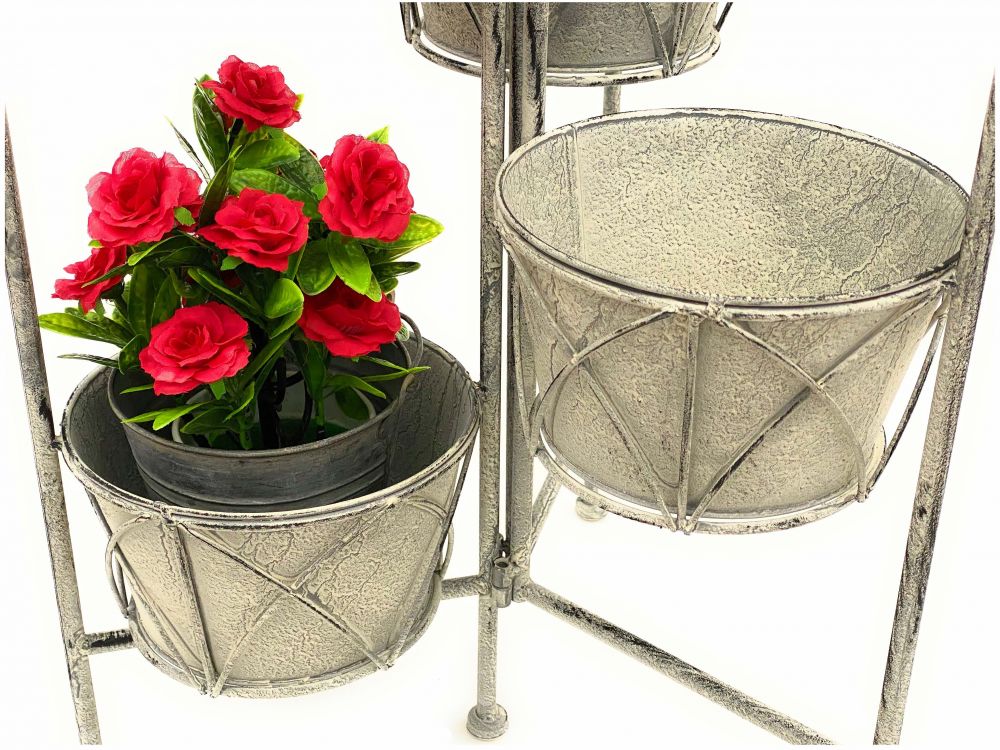 DanDiBo Blumentreppe Innen Metall Weiß Grau 100 cm Blumenständer mit 4 Töpfe 96128 Blumenständer Blumensäule Pflanzenständer Balkon Vintage