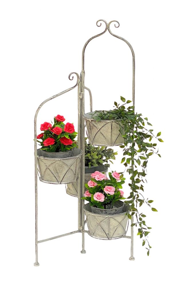 DanDiBo Blumentreppe Innen Metall Weiß Grau 100 cm Blumenständer mit 4 Töpfe 96128 Blumenständer Blumensäule Pflanzenständer Balkon Vintage