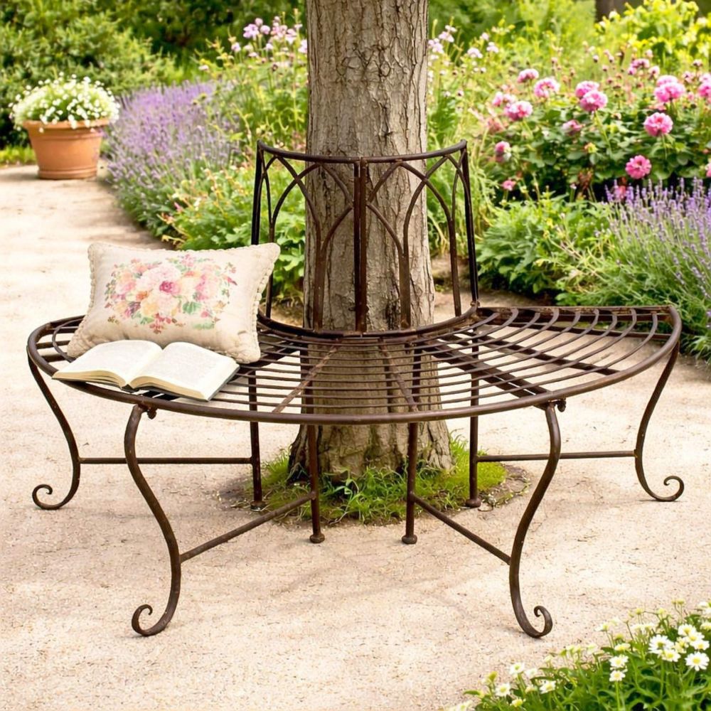 DanDiBo Baumbank Halbrund Metall Wetterfest Braun 127 cm 3 Sitzer 121071 Gartenbank mit Rückenlehne Rundbank Parkbank Bank Outdoor Sitzbank