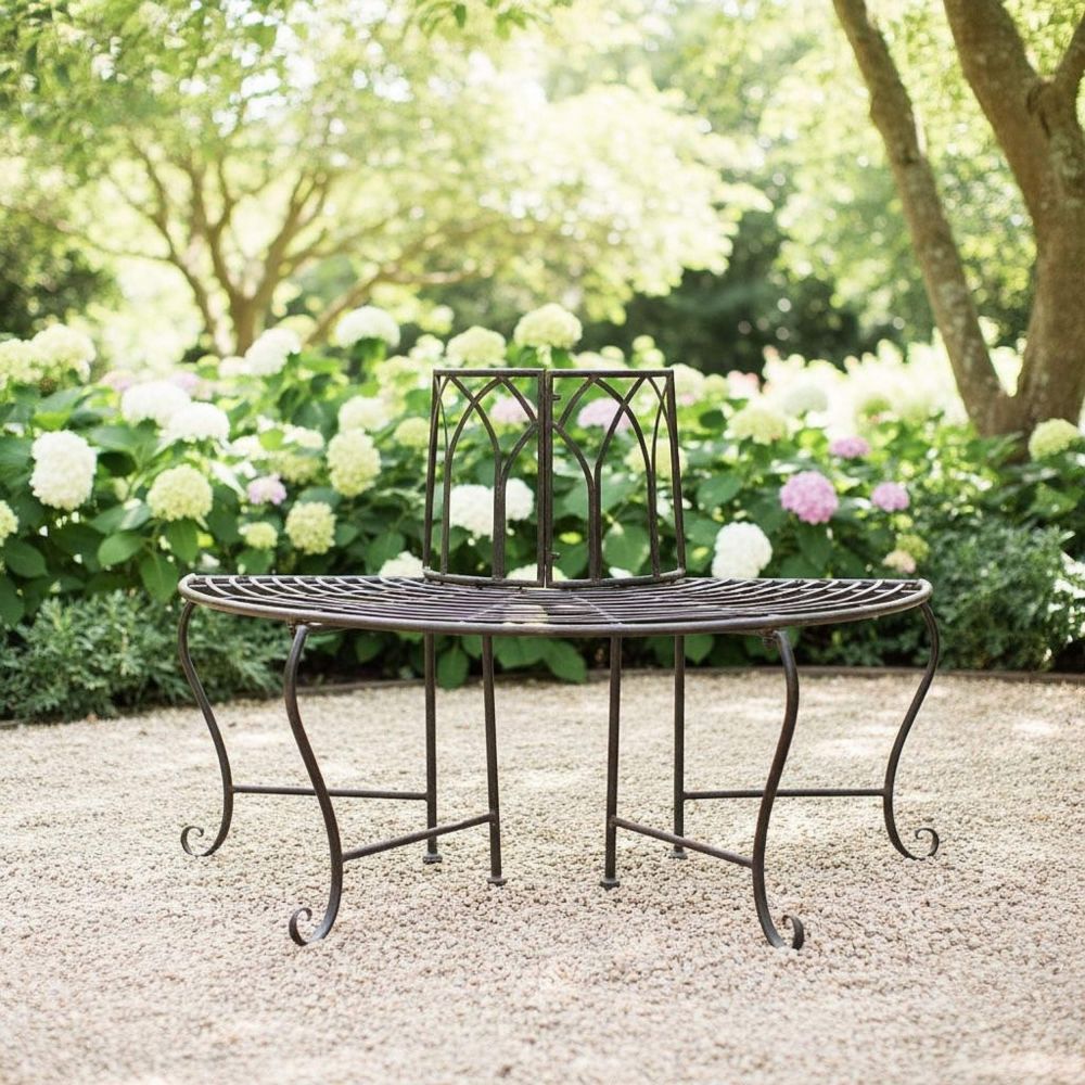 DanDiBo Baumbank Halbrund Metall Wetterfest Braun 127 cm 3 Sitzer 121071 Gartenbank mit Rückenlehne Rundbank Parkbank Bank Outdoor Sitzbank